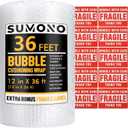Bubble Cushioning Wrap Roll, Sumono 12 Inch x 36 Feet Total Bubble Roll Perforated 12 Inch Included 10 Fragile Sticker Label