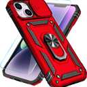SunStory Compatible with iPhone 13 Case/iPhone 14 Case with HD Screen Protector & Slide Camera Cover & Rotated Ring Kickstand,[Military-Grade] Phone Case for iPhone 13/14(Red)