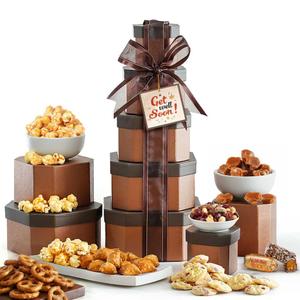 Broadway Basketeers Get Well Gift Basket Tower Gourmet Care Package with Cookies, Sweet & Savory Snacks for Men, Women Encouraging Get Well gifts for Recovery, After Surgery, Thinking of You