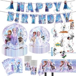 90 Psc Frozen Birthday Party Supplies Set, Pink Theme, with Banner, Plates, Cups, Utensils, Napkins, Tablecloth