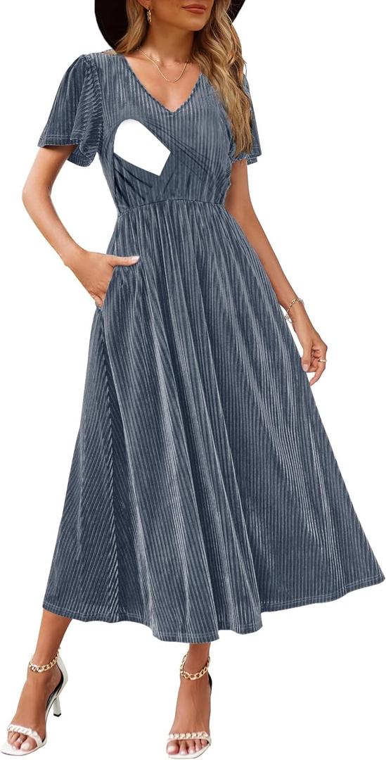 Women's Nursing Short Sleeve V Neck Velvet Maxi Dress Flowy Wedding Party Dresses with Pockets (Medium, Greyblue)