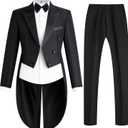 Mens Tailcoat Suit Jacket Tuxedo Double Breast Swallow Tail Coat Pants Bow Tie (Black, L)