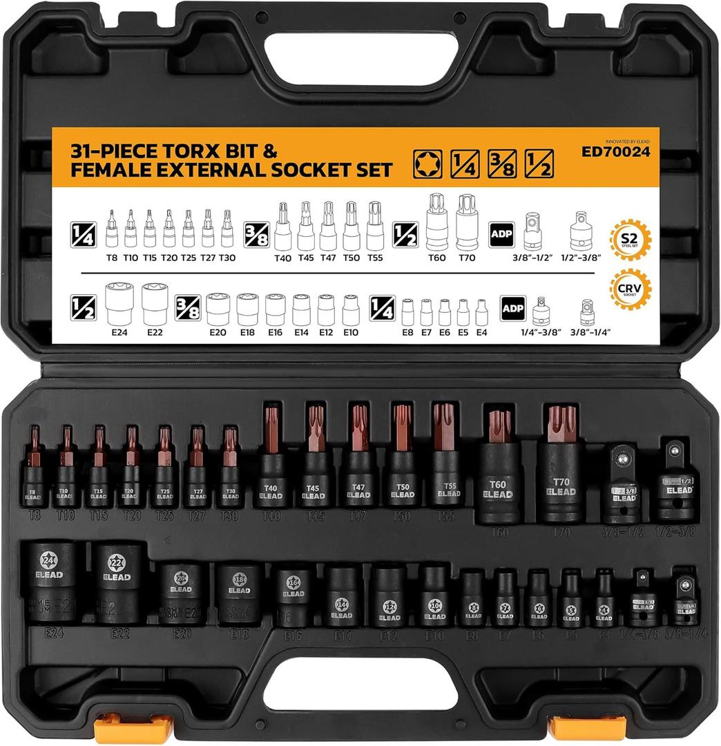 31-Piece Torx Bit Socket Set: 14 Star Bits T8-T70 & 13 E-Torx Sockets E4-E24, Premium CR-V & S2 Alloy Steel, High Torque Laser Marked for Automotive Mechanic
