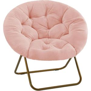 DUMOS Comfy Saucer Chair, Faux Fur Lounge Seasting XL Circle Chair for Bedroom, Dorm & Gaming, Foldable Fashion Accent Seat for Small Spaces, Folding Moon/Mushroom/Round Oversized Style (Round-36 Inches, Rosy)