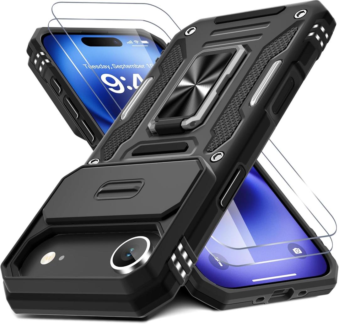 DEERLAMN Case for iPhone Air 6.5-Inch with Slide Camera Cover+Screen Protector(2 Packs), Rotated Ring Kickstand Military Grade Shockproof Protective Cover-Black