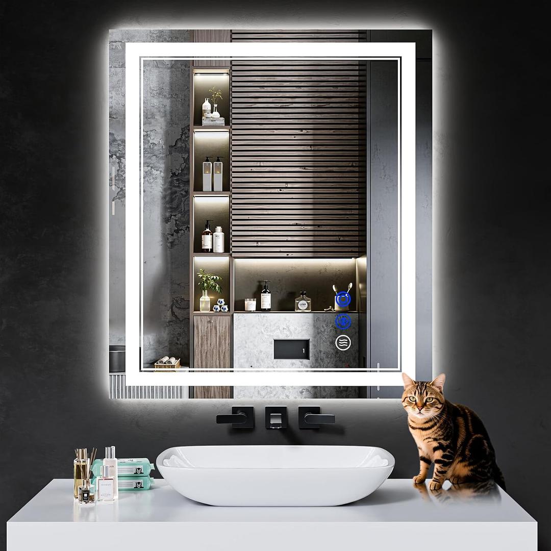 32"x28" LED Bathroom Mirror with Anti-Fog, Stepless Dimmable Lights, 3 Color Modes, Shatter-Proof Tempered Glass,Waterproof Design