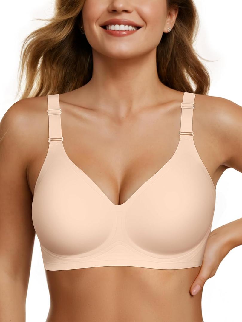 OEAK Womens Seamless Bras Jelly Comfortable Bra No Underwire Full Support Bra Push Up Plus Size V Neck Sleeping Tshirt Bras (Large, Nude)