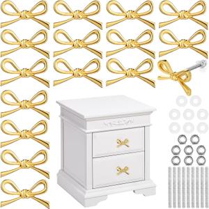 16 Pcs Gold Bow Drawer Knobs Metal Bow Knobs for Dresser Vintage Dresser Handles Pulls Gold Cabinets Handles for Home Bedroom Kitchen Cabinets Hardware Cupboard, 1.6 x 1 Inches