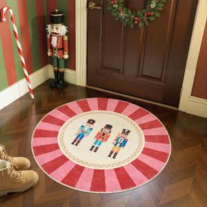 jinchan Round Christmas Rug 4ft for Entryway Nutcracker Washable Circle Christmas Bedroom Rug 4' Round Red Pink Xmas Non-Slip Soft Carpet Soldier Holiday Decor for Kitchen Living Room Porch