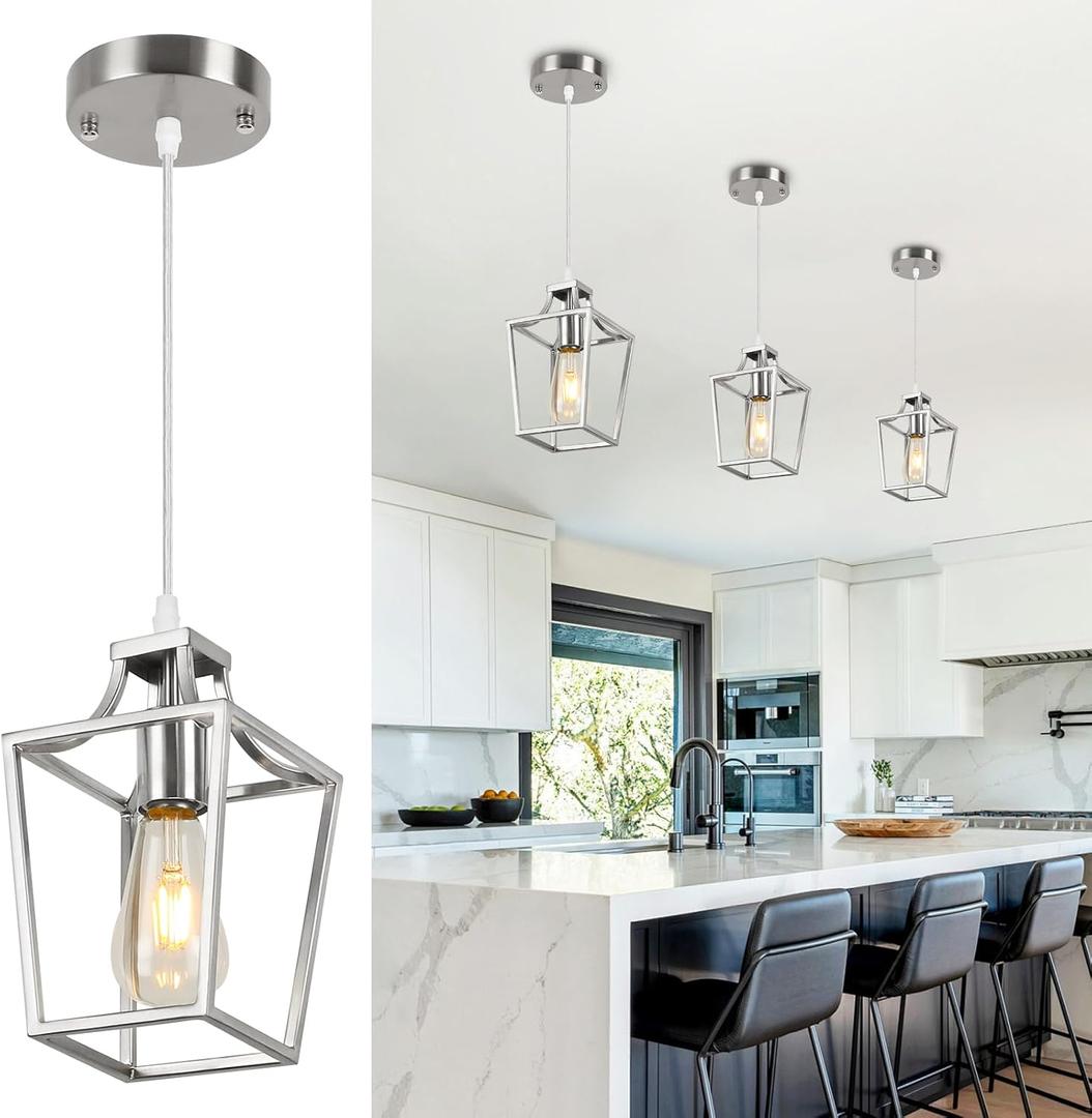 Brushed Nickel Lantern Pendant Light Fixture Pendant Lights for Kitchen Island, Adjustable Wire Hanging Mini Lantern Pendant Lighting for Dining Room Kitchen Hallway Foyer Bedroom (5.51 inch)