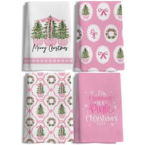 LUKIPOM309 Pink Chinoiserie Christmas Tree Kitchen Towels Set of 4, Coquette Pink Bow Grandmillennial Xmas Dish Tea Towels for Kitchen, Preppy Girly Christmas Hand Towel for Bathroom, 16x24 Inch