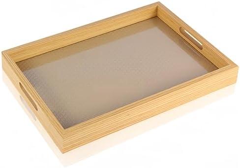 Rattan Rectangular Service Trays, Leather Surface Tray Food Drinks Tray,with Handles for Coffee Table, Breakfast, Dinner & Bar,Kitchen,Party（15.3×11.5×1.8inch）