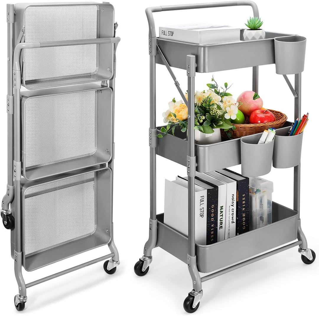 Foldable 3 Tier Metal Utility Rolling Cart, Folding Mobile Multi-Function Storage Trolley Organizer Cart for Home Library Office(Grey) (Gray)