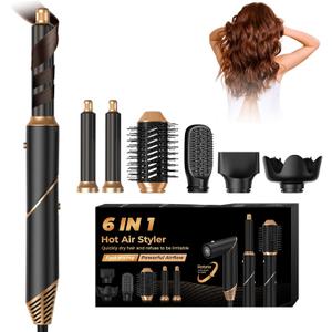 6 in 1 Hair Dryer Brush, Foldable Blow Dryer Brush with Wrap Curler, Detachable Air Hair Styler Curling, Drying,Volumizing, Straightening, Negative Ionic Hair Dryer with Diffuser, Hair Styling Tools (Black)