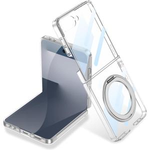 Clear Magnetic Case for Samsung Galaxy Z Flip 7 with Ring Holder & Built-in Screen Protector [Compatible with Wireless Charging ] Crystal Clear Plating Shockproof Cover for Z Flip 7 (Transparent)