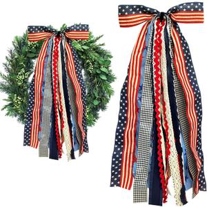 Large Patriotic Star Ribbons Bow for Wreath, Red White Buffalo Plaid Fabric Ribbons Set Assorted Lace Ribbon 4th of July Clip-On Wreath Sash Ribbon Bundle for Patriotic Indoor Outdoor Decor