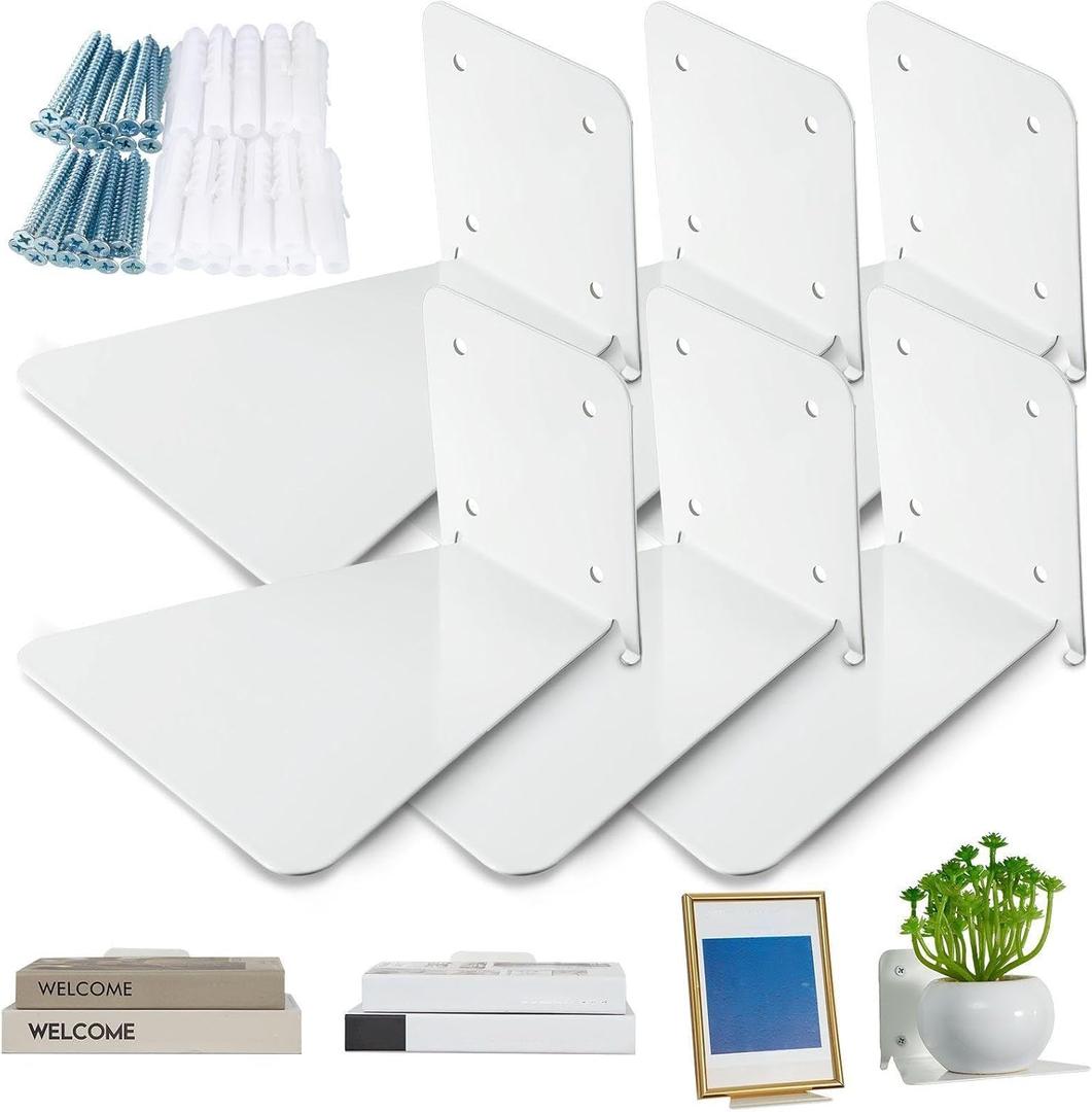 Jetec 6 Pack Invisible Floating Bookshelf Wall Mounted Floating Bookshelves Heavy Duty Book Organizers Hidden Book Shelf Metal Shelves Holder for Books Bedroom Living Room Home Office (White)