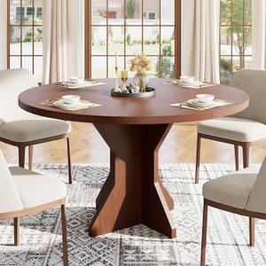 Garvee Round Dining Table for 4-6 People - 47" Circle Kitchen Dinner Table with Sturdy Pedestal Base, Small Spaces Dinning Room Furniture for Living Room, Kitchen, Apartment, Walnut, 47.24" x 47.24" x 29.5"