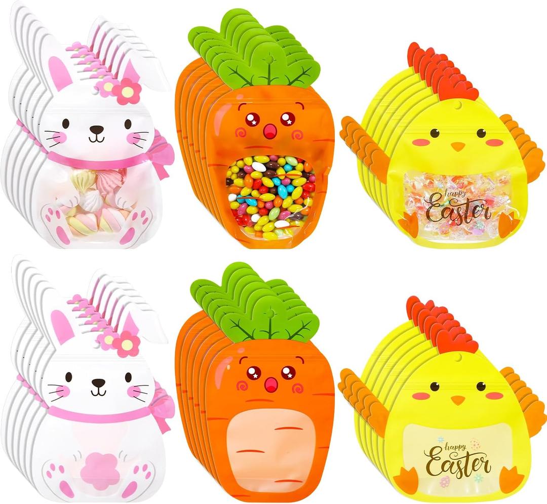 Resurhang 60 Pcs Easter Treat Bags Candy Zipper Cute Bunny Carrot Chick Food Goodie Gifts Bags Resealable Easter Rabbit Snack Containers with Handle for Some Bunny Is One Baby Shower Party Supplies