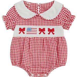 MoZiKQin Baby Girl 4th of July Outfit American Flag Embroidery Bubble Romper Plaid Smocked Jumpsuit Cute Summer Clothes (Red)
