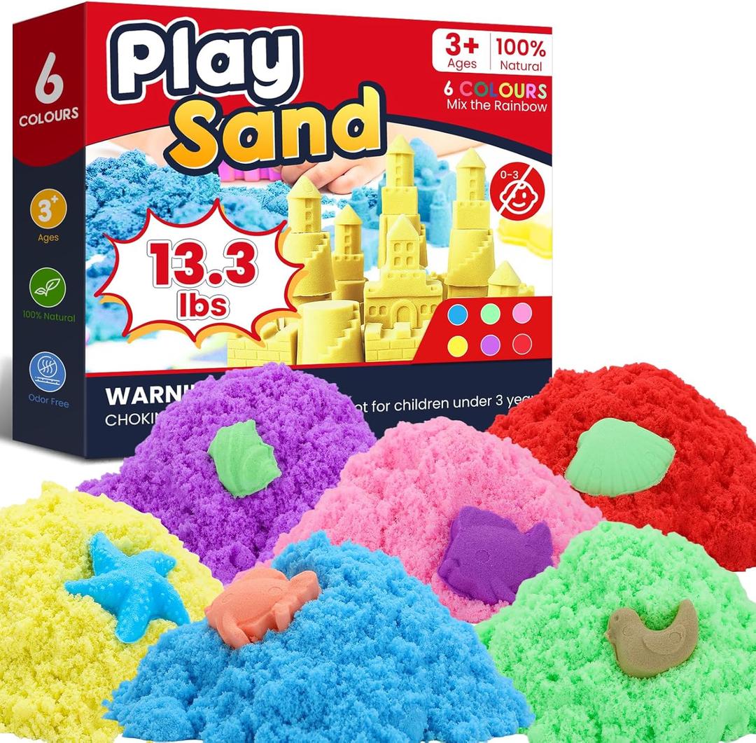 FURWEY 13.3lbs Play Sand,Mixed Packaging of 6-Color Sensory Sand,Suitable for Children to Shaping, Squeezing and Molding