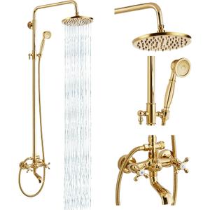 gotonovo Exposed Shower Tub Faucet Set 3 Function Wall Mount,Polish Gold
Shower System Fixtures with Tub Spout,8” Rain Head and Handheld,360°Rotation,Adjustable Height,for 5-6.7" Hole,Outdoor/Indoor