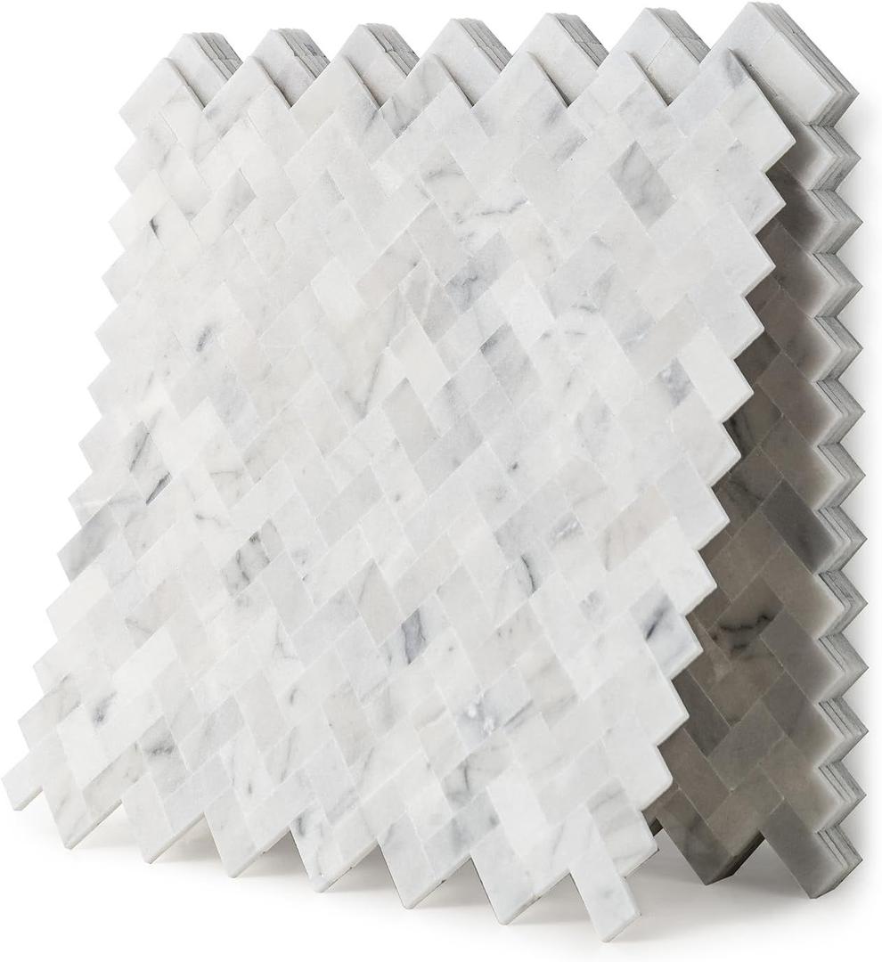 5-Sheet 3D Genuine Marble Mosaic Wall Tiles, Herringbone Peel and Stick - Self Adhesive Backsplash for Kitchen, Bathroom