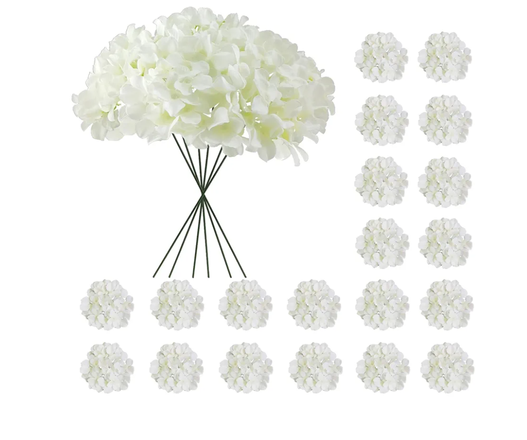 20 Pcs White Hydrangea Artificial Flowers Bulk, Faux Hydrangea Flowers Heads, Artificial Fake Silk Hydrangea Flowers with Stems, White Flowers Artificial for Decoration Wedding Décor