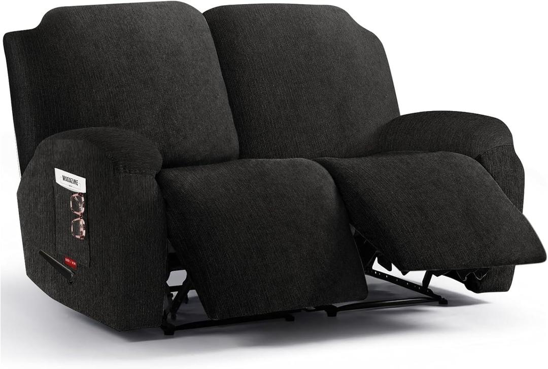 4 Pieces Stretch Recliner Loveseat Covers - Plush Fabric Slipcovers & Durable Furniture Protectors with Elastic Bottom for Kids and Pets (2 Seater, Black)