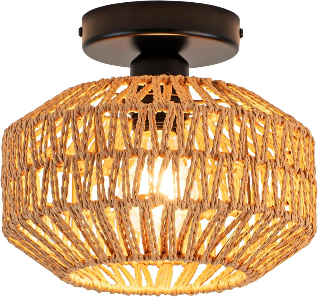Mini Rattan Boho Ceiling Light Fixture, Small Woven Semi Flush Mount Ceiling Light, Wicker Light Fixture Hallway,Laundry Room, Closet,Nursery E26 1 Light (9.05, Natural)