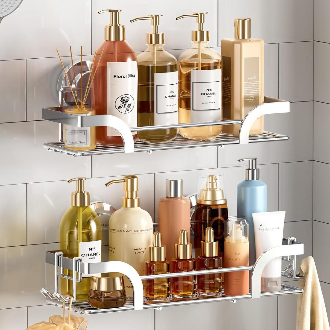 TAILI Shower Caddy Suction Cup 2 Pack, Heavy Duty Bathroom Basket, Bath Shelves for Inside, Stainless Steel Shower Holder Organizer for Bathroom Storage & Home Decor, No Drilling, Silver