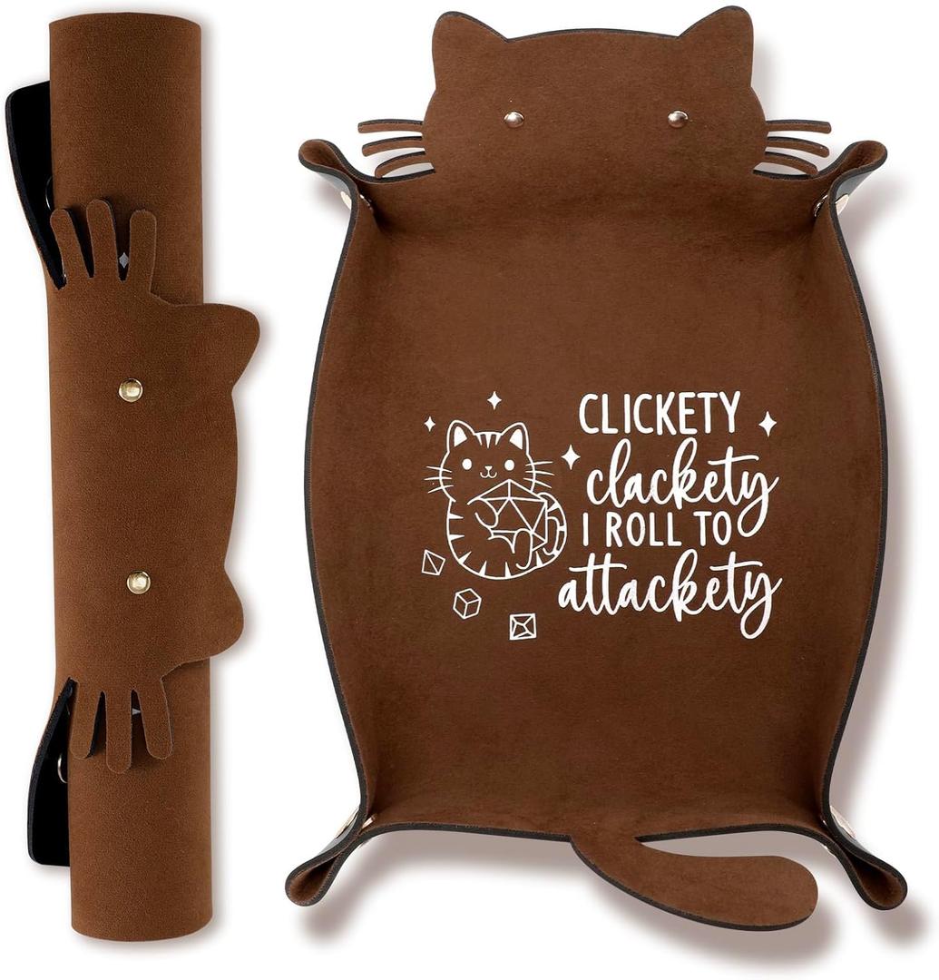 Cat Dice Rolling Tray Novelty Folding Leather Dice Holder Portable Dice Storage Accessories Decorative Desk Organizer Funny Gift for DND RPG Game Players (Brown)