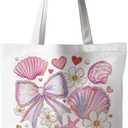 Coastal Seashell Tote Bag, Pink Seashell Pearl Canvas Tote Bags for Women, Girly Coastal Ocean Gift for Woman, Beach Summer Reusable Grocery Shopping Bags
