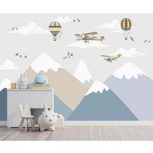 -Children's Room Cartoon Balloon Mountain Fabric Wallpaper Nursery Mural 180" x 115" (Not Peel and Stick)