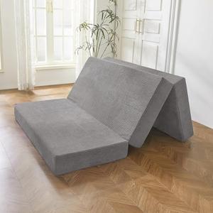 BYBYME Corduroy Tri-Folding Mattress, 6 Inch Gel Folding Mattress Topper, Foldable Soft Guest Bed Camping Pad, Washable Cover (Grey, Queen)