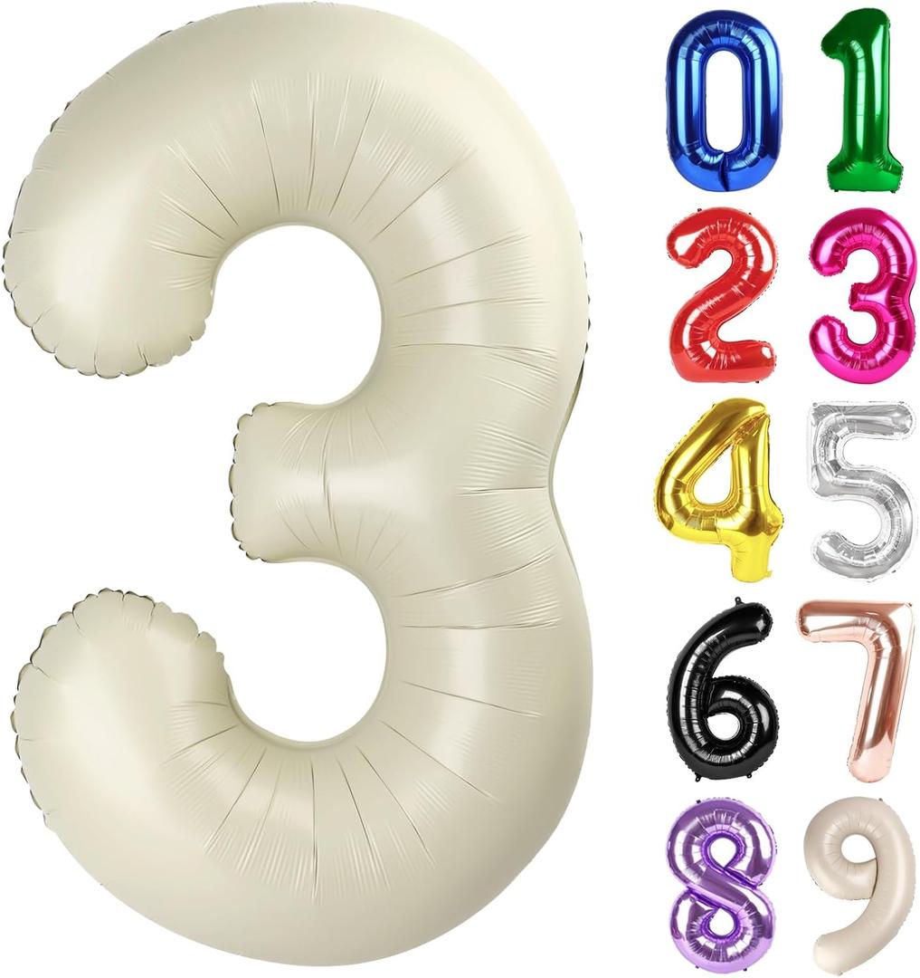 3 Balloon - Cream Birthday Number Balloons, 40 Inch Large Foil Balloons for Men Women Boys Girls Cream Themed Birthday Decorations