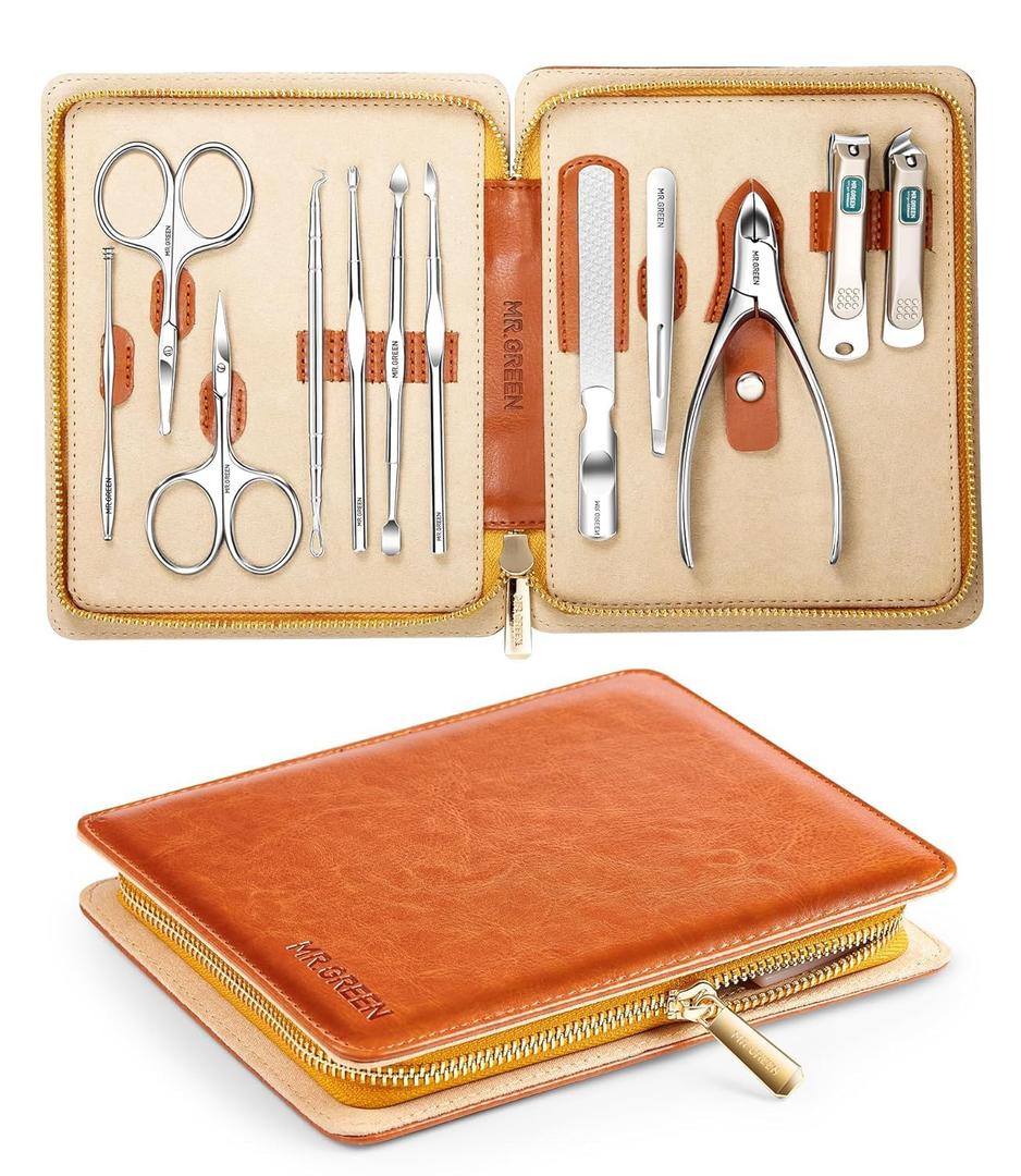 MR.GREEN 12-in-1 Manicure & Pedicure Set Professional German Stainless Steel Nail Clippers,Cuticle Tools & Nail Care Kit, Travel Grooming Kit for Men & Women with Leather Case (Caramel Brown)