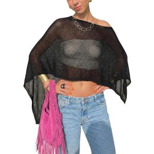 Women Sheer Poncho Top Knit Crochet Lightweight See Through Shawl Summer Shrug Beach Cover Up (Black, M)