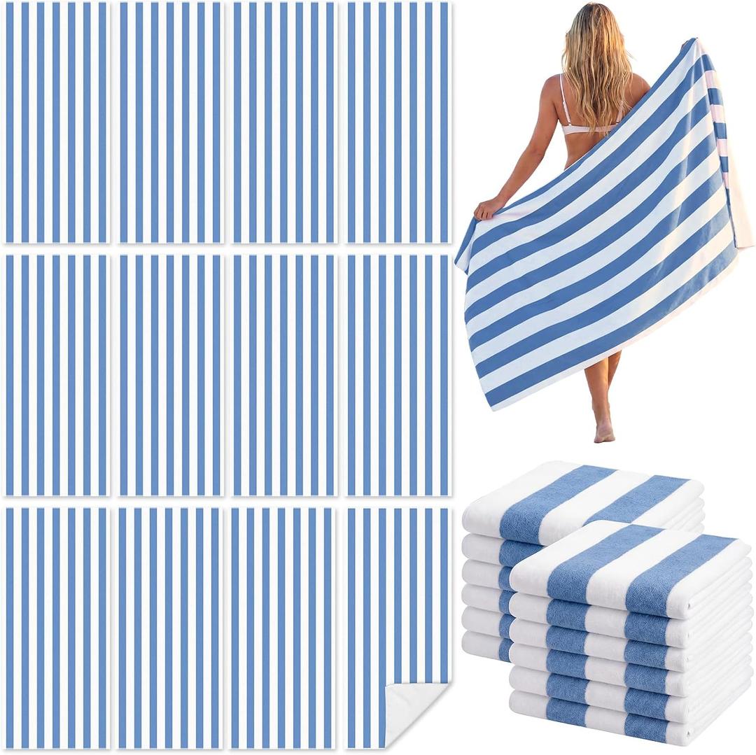 Frienda 12 Pack Blue Striped Beach Towels 71''x 32'' Large Microfiber Quick Dry Absorbent Bath Towels for Swimming Pool Beach Cruise Travel Gym Supplies