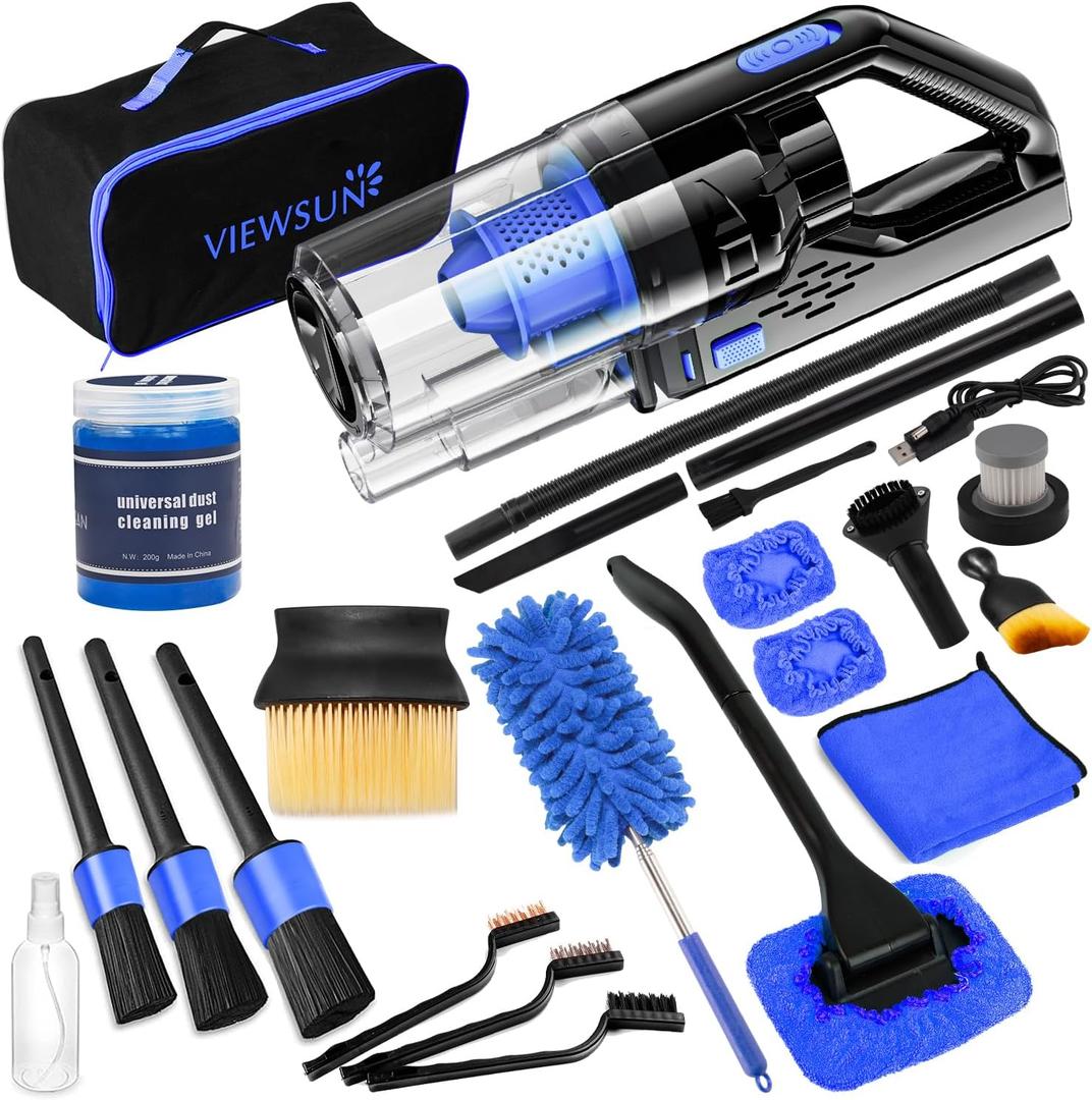 Viewsun Car Cleaning Kit, Car Interior Detailing Kit with High Power Handheld Vacuum Cordless Rechargeable, Detailing Brush Set, Windshield Cleaner, Complete Auto Accessories for Men, Women Gift (Blue)