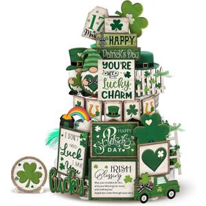 24 Pcs St Patrick's Day Tiered Tray Decoration Sets Vintage Shamrock Wooden Table Tier Tray Sign Farmhouse Irish St Patrick's Day Kitchen Bar Tabletop Kitchen Home Decoration