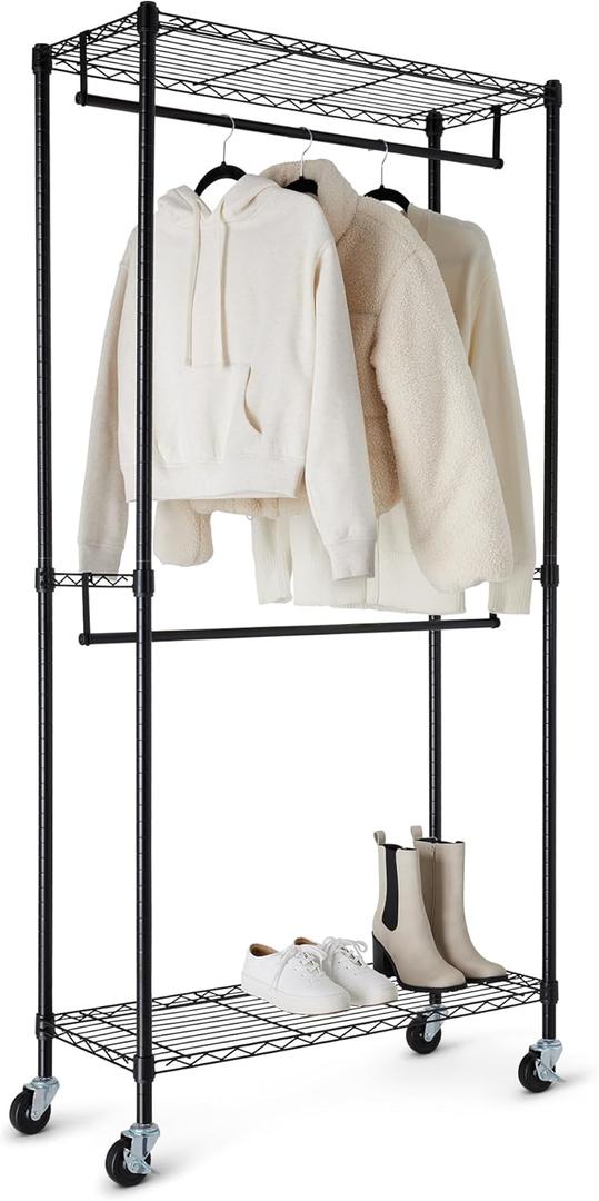 Adjustable, Double Hanging Rod Garment Rolling Closet Organizer Rack with Wheels, Heavy Duty, Black, 36'' x 14'' x 72''