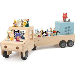 Storage & Play Car for Toniebox 2/1 and Tonie Figures Storage Shelf (Wooden Trailer), Magnetic Shelves Compatible with Tonie Box Player Character for Children Room (Natural, Wooden Trailer)