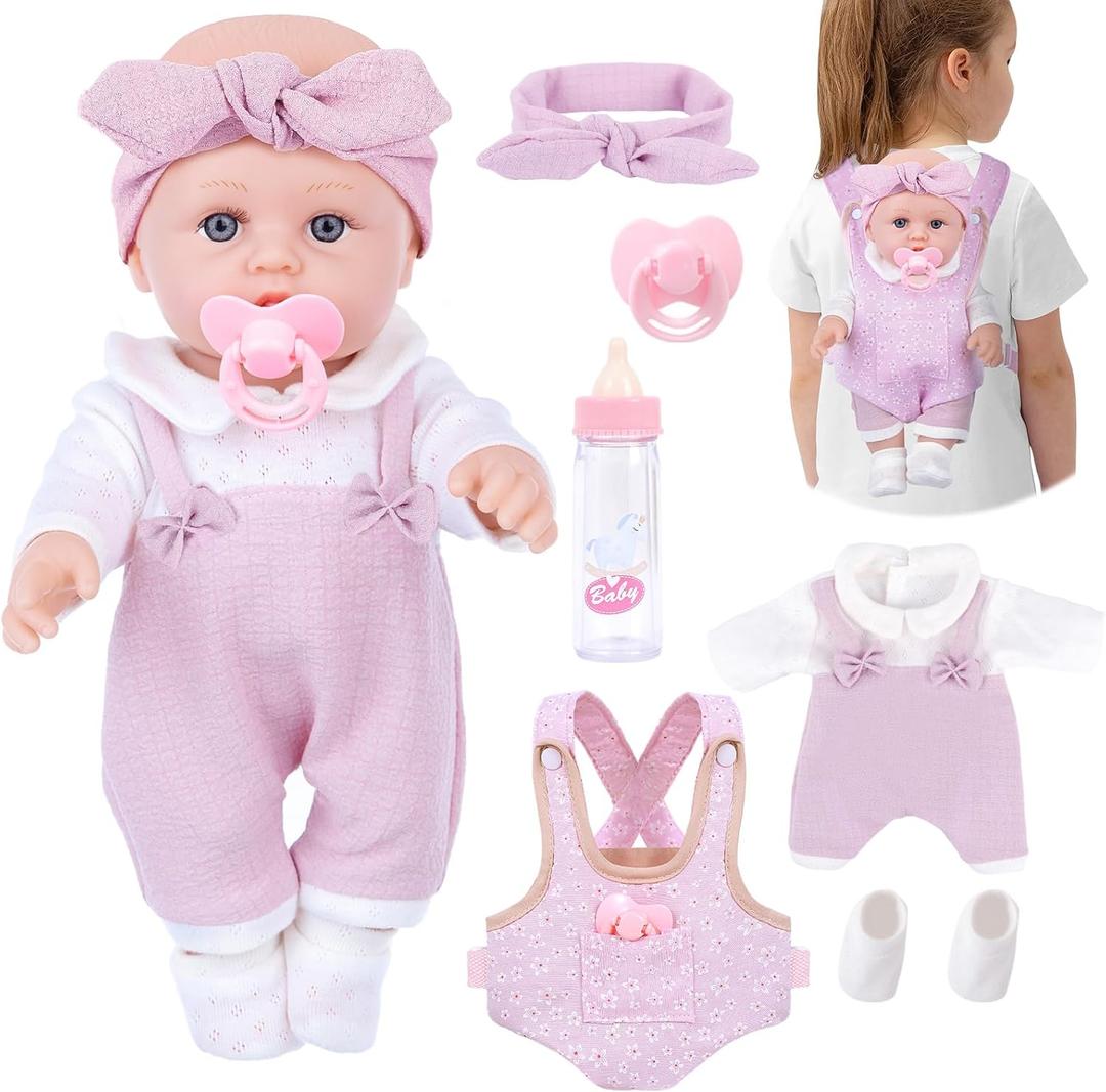 12'' Baby Doll Playset with Clothes and Dolls Carrier Accessories Included Baby Carrier, Bottles, Nipple, Socks, Headbands