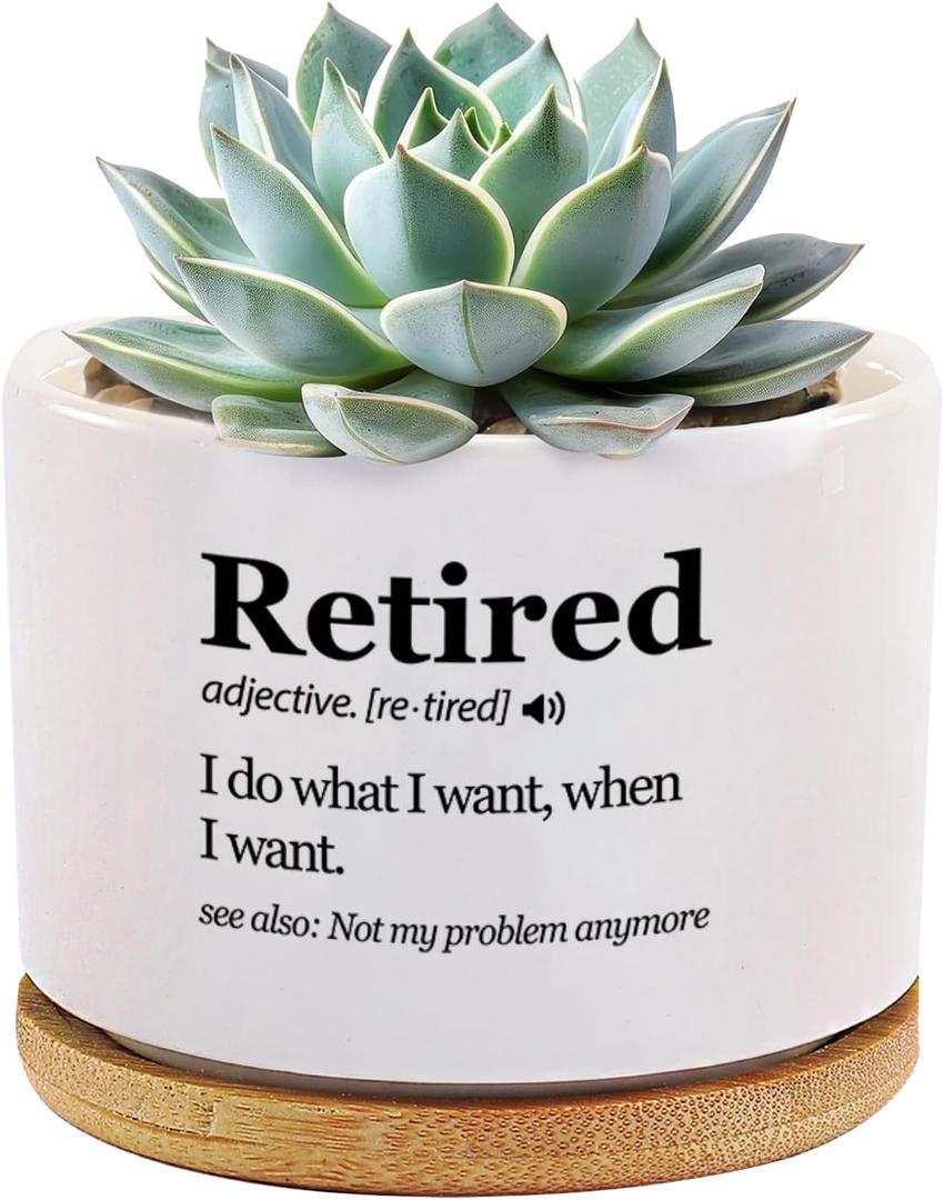Retired Definition Retirement Gifts Ceramic Succulent Plant Pot with Bamboo Tray Round Coworker Boss Home Office Decor Plant Lover 3.5 Inch White (No Plants)