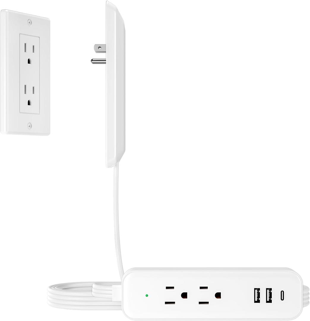 Flat Socket Extension Cord 3 FT Surge Protector Power Strip with 2 AC Outlets 1 USB C and 2 USB A Ports, Multiple Wall Outlet Extender Suitable for Home Dorm Desk Garage Work Travel Apartment (3FT)