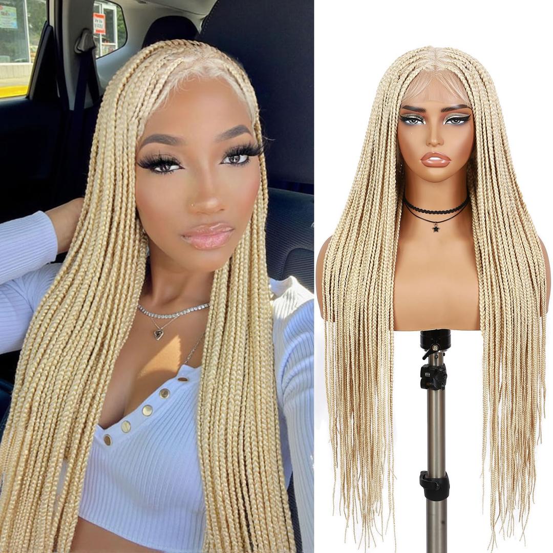 360 Full Lace Knotless Box Braided Wig, Long Black Synthetic Hair, Triangle Lace Front (Blonde, 34 inches)