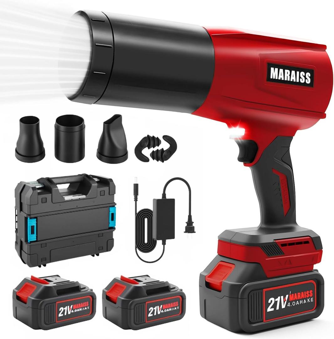 Cordless Leaf Blower with 2 X 4.0A 20000mAh Batteries Brushless Motor, Lightweight Low Decibel Turbo Jet Blower with Pro Earplugs for Patio Cleaning,Car Blowing Water, Blowing Leaves and Dust (Red)