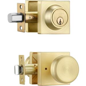 Satin Brass Door Knob with Lock, Exterior Door Lock Set with Deadbolt,Square Exterior Door Knobs