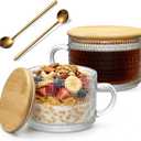 2 x DOPUDO Vintage Glass Coffee Mugs, Overnight Oats Containers With Lids,Glass Cup With Sealed Lid and Spoon,Glass Coffee Mugs, Coffee Bar Accessories, Ideal for Cappuccino, Latte(2-Pack,14oz)